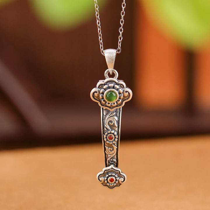 Buddha Stones 925 Srebro Sterlingowe Czerwony Agat Cyjan Jade Pomyślne Chmury Ruyi Uchwyt Błogosławieństwo Naszyjnik Wisiorek
