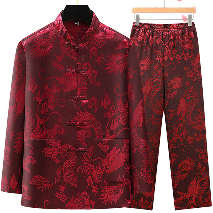 Buddha Stones Tang Suit Mężczyźni Hanfu Chiński Smok Tradycyjne Ubrania Kung Fu Koszula Jednolity Długi Rękaw Płaszcz Bluzki i Spodnie Odzież Męska Zestaw - image 15