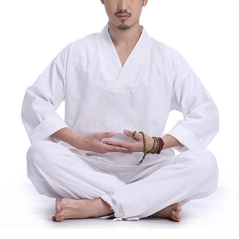 Buddha Stones Medytacja Modlitwa Dekolt w serek Projekt Bawełna Len Duchowa Praktyka Zen Joga Odzież Męska Zestaw - Biały - US/UK/AU44， EU54 (3XL) - image 14