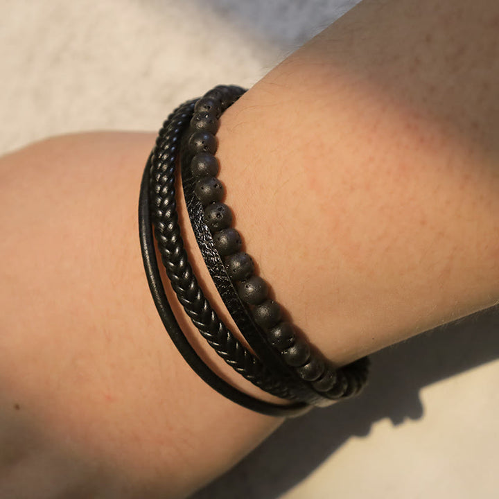 Bransoletka skórzana z Buddha Stones Natural Lava Rock Black Onyx Bead