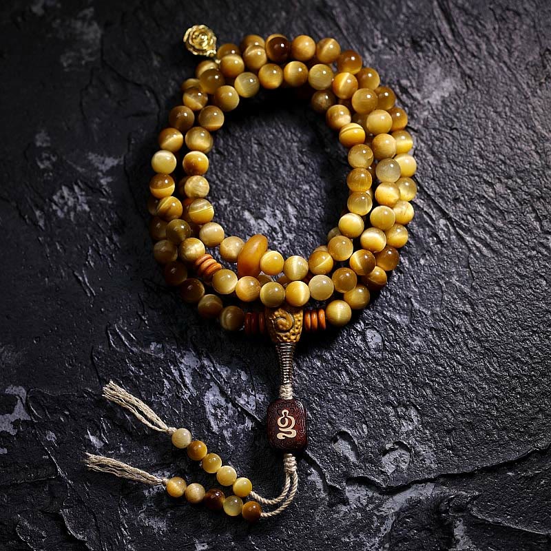 Buddha Stones 108 Mala Koraliki Naturalne Tygrysie Oko Miedź Dorje Ochrona Bransoletka z Chwostem