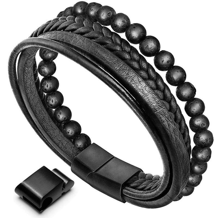 Bransoletka skórzana z Buddha Stones Natural Lava Rock Black Onyx Bead