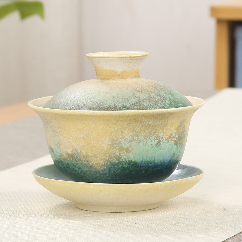 Buddha Stones Zielone Fale Oceaniczne Projekt Porcelany Ceramiczny Gaiwan Sancai Filiżanka Kung Fu Filiżanka I Spodek Z Pokrywką - 9,5 cm * 8 cm * 150 ml - image 0
