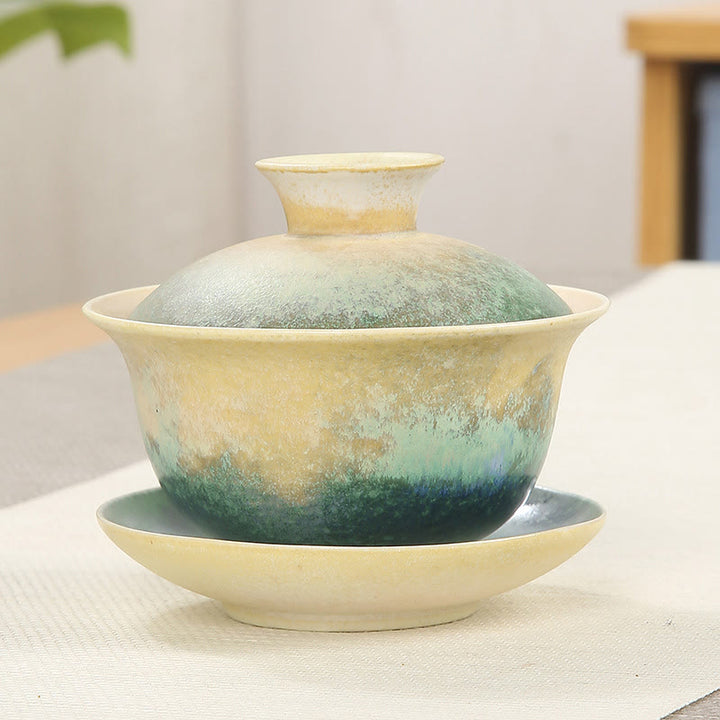 Buddha Stones Zielone Fale Oceaniczne Projekt Porcelany Ceramiczny Gaiwan Sancai Filiżanka Kung Fu Filiżanka I Spodek Z Pokrywką - 9,5 cm * 8 cm * 150 ml - image 0