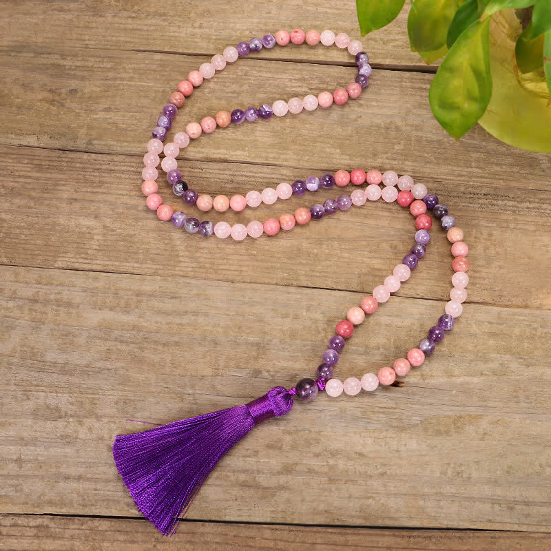Buddha Stones 108 Mala Beads Ametyst Różowy Kwarc Duchowe Uzdrawiające Bransoletka z Chwostem