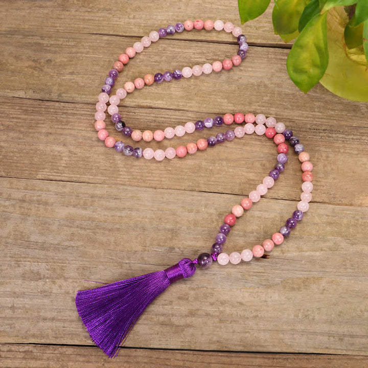 Buddha Stones 108 Mala Beads Ametyst Różowy Kwarc Duchowe Uzdrawiające Bransoletka z Chwostem