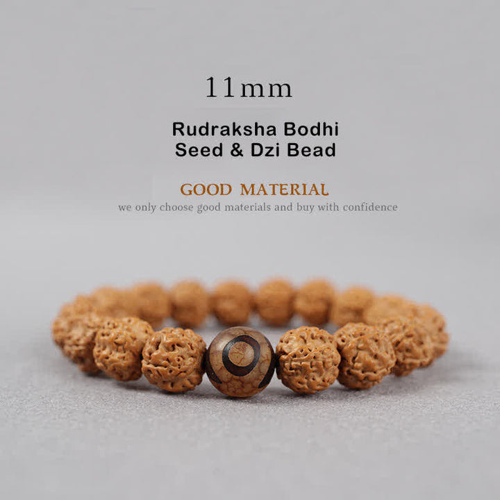 Buddha Stones Tybet Rudraksha Bodhi Nasiona Dzi Koralik Bursztyn Turkus Bransoletka Bogactwo - 11 mm - Nasiona Rudraksha Bodhi i koralik Dzi - image 17