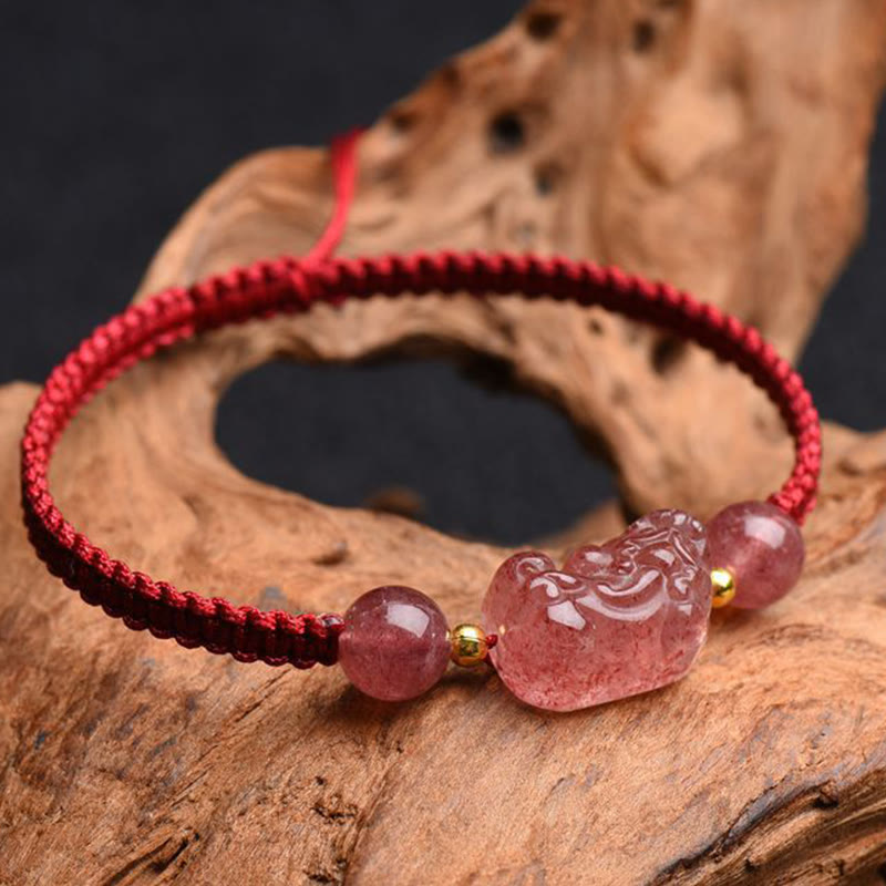 Buddha Stones Naturalny Kwarc Truskawkowy PiXiu Bransoletka Szczęścia Czerwony Sznurek