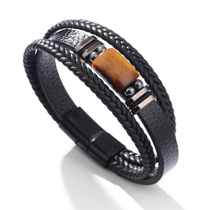 Bransoletka ze skóry wielowarstwowej z zapięciem magnetycznym i Buddha Stones Tiger Eye Power - Jeden Kamień Tygrysiego Oka - 19-21 cm - image 0