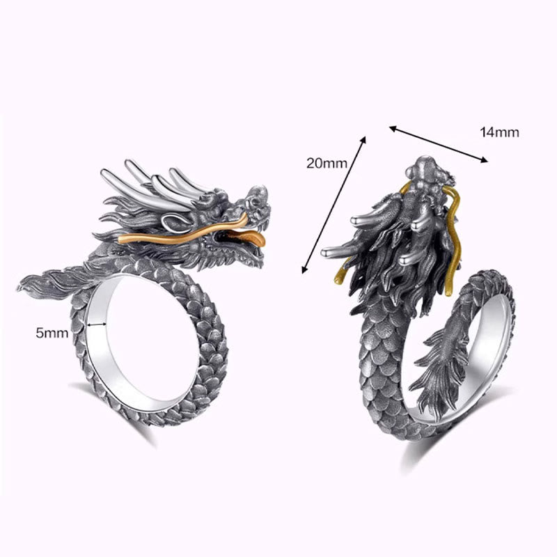 Buddha Stones 925 Srebro Sterlingowe Vintage Dragon Design Ochrona Siła Regulowany Pierścień