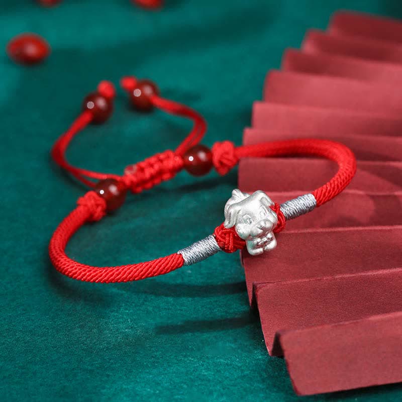 Buddha Stones 999 Srebro Sterling Chiński Zodiak Szczęście Siła Bransoletka z Czerwonego Sznurka