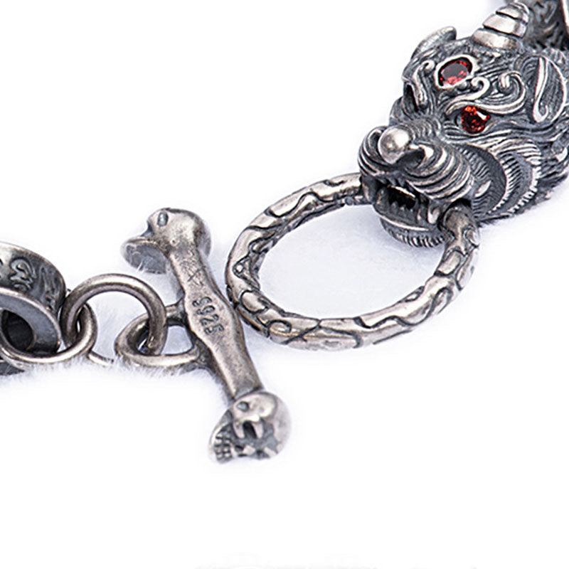 Buddha Stones 925 Srebro Sterlingowe Smok Kirin Om Mani Padme Hum Sukces Siła Bransoletka Bangle