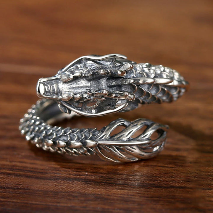 Buddha Stones 925 Srebro Sterlingowe Vintage Dragon Sukces Ochrona Siła Regulowany Pierścień