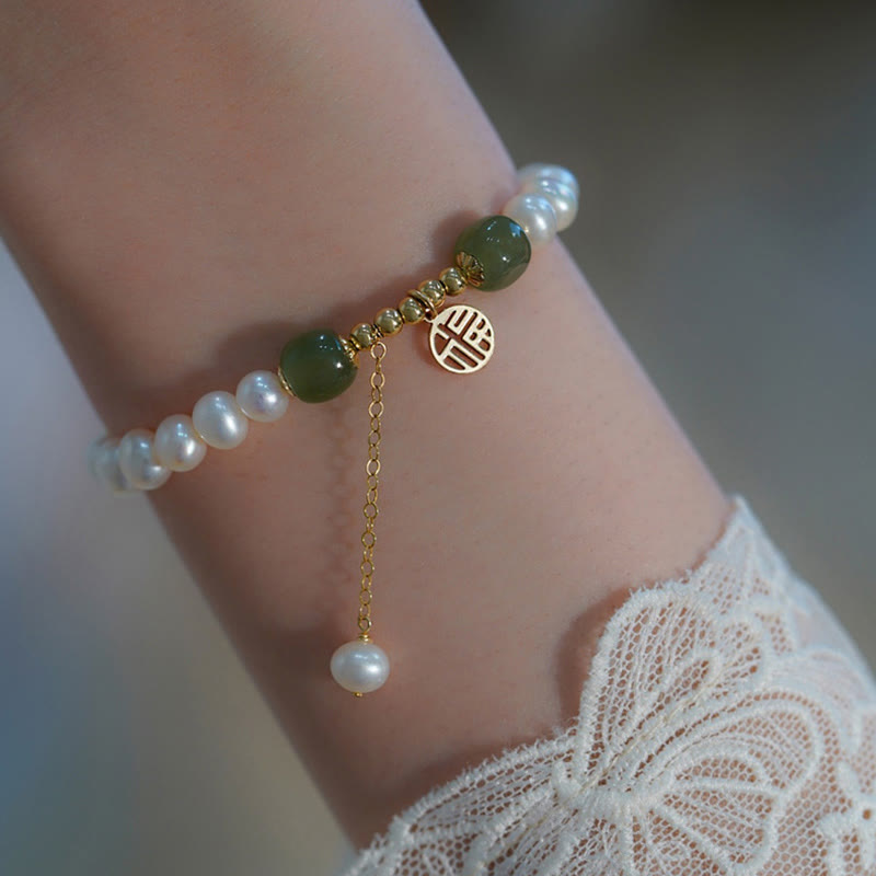 Bransoletka z pereł naturalnych Hetian Jade Happiness Wisdom Bead