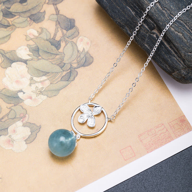 Buddha Stones 925 Srebro Sterling Naturalny Akwamaryn Liść Kwiat Pokój Naszyjnik