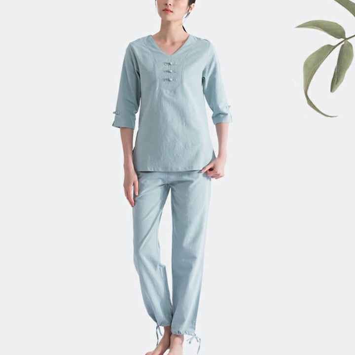 Buddha Stones Joga Medytacja Modlitwa Dekolt w serek Projekt Bawełna Len Odzież Jednolita Praktyka Zen Zestaw Damski - image 2