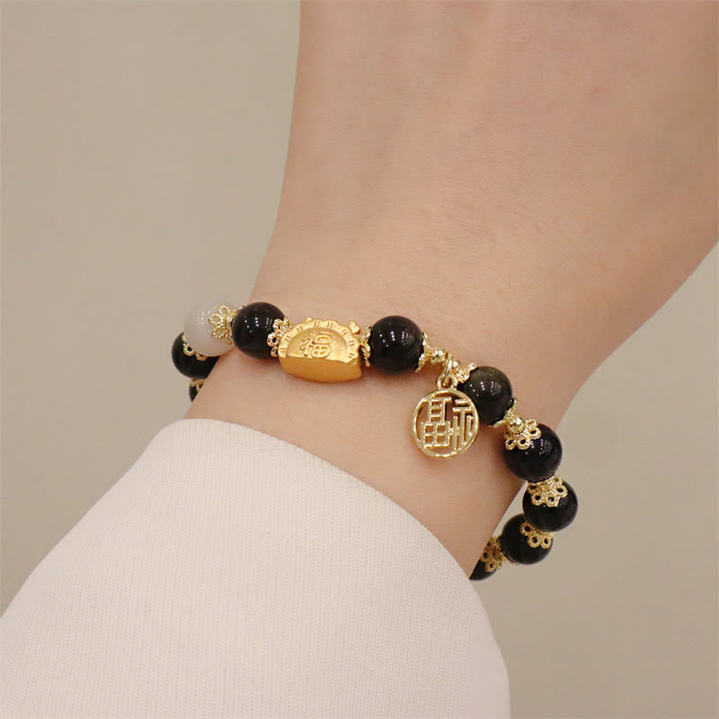Buddha Stones Rok Smoka Czerwony Agat Kwarc Truskawkowy Czarny Obsydian Jadeit Granat Perła Cynober Pierożek Smok Szczęście Fu Bransoletka - image 15
