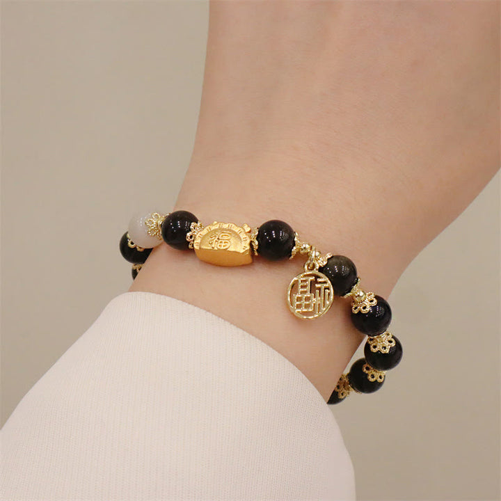 Buddha Stones Rok Smoka Czerwony Agat Kwarc Truskawkowy Czarny Obsydian Jadeit Granat Perła Cynober Pierożek Smok Szczęście Fu Bransoletka - image 15