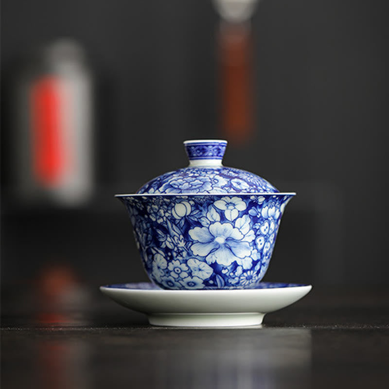 Buddha Stones Vintage Niebieski I Biały Porcelana Ceramiczna Gaiwan Sancai Filiżanka Kung Fu Filiżanka I Spodek Z Pokrywką