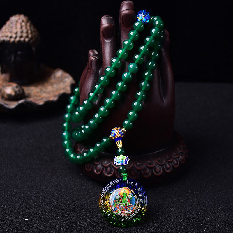 Buddha Stones 108 Mala Koraliki Naturalny Zielony Agat Bodhisattwa Zielona Tara Manifestacja Charm Bransoletka