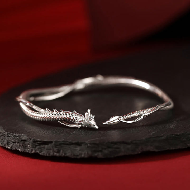 Buddha Stones 925 Srebro Sterlingowe Rok Smoka Projekt Szczęścia Metalowa Bransoletka Mankietowa Bangle