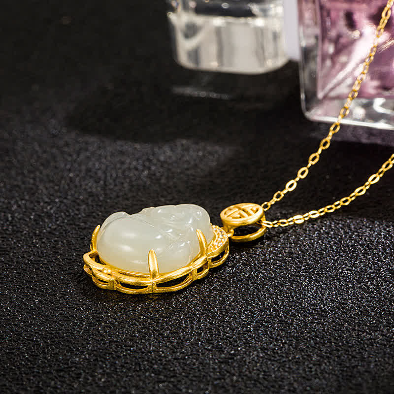 925 Srebrny naszyjnik z zawieszką z śmiejącym się Buddą Hetian White Jade - image 4
