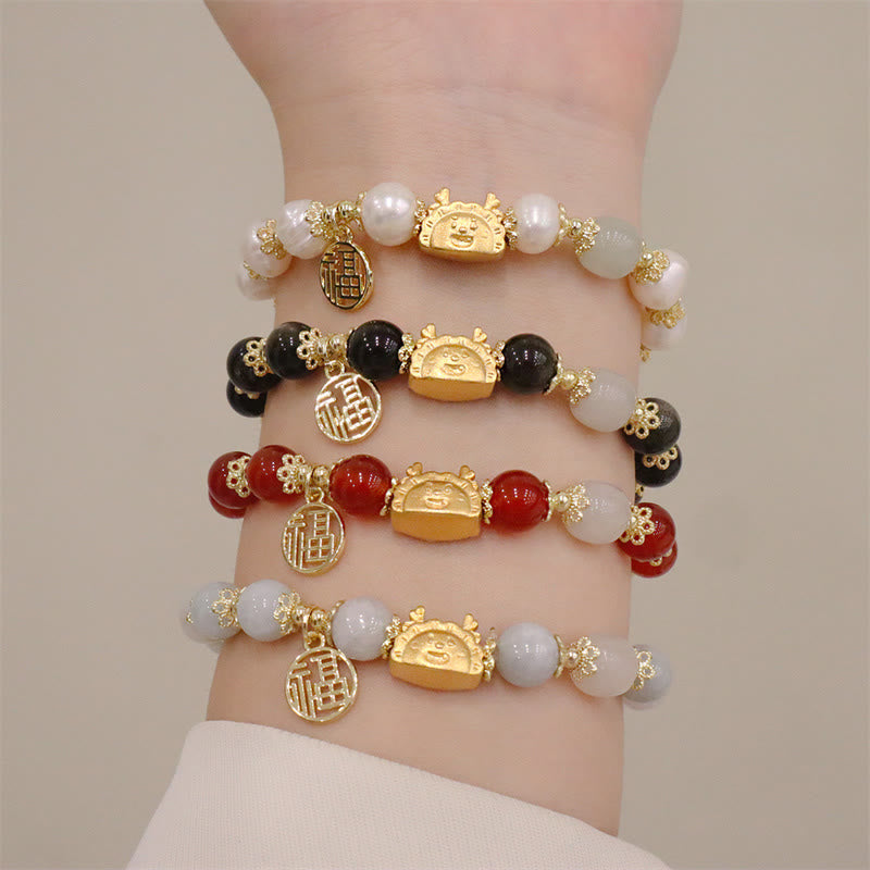 Buddha Stones Rok Smoka Czerwony Agat Kwarc Truskawkowy Czarny Obsydian Jadeit Granat Perła Cynober Pierożek Smok Szczęście Fu Bransoletka - image 1