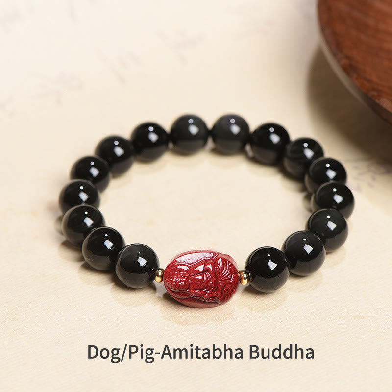 Buddha Stones Chiński Zodiak Natal Budda Naturalny Czarny Obsydian Cynober Oczyszczająca Bransoletka