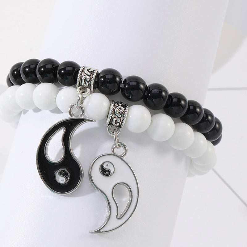 Buddha Stones 2szt. Czarny Onyks Biały Turkus Koralik Yin Yang Ochrona Para Bransoletka