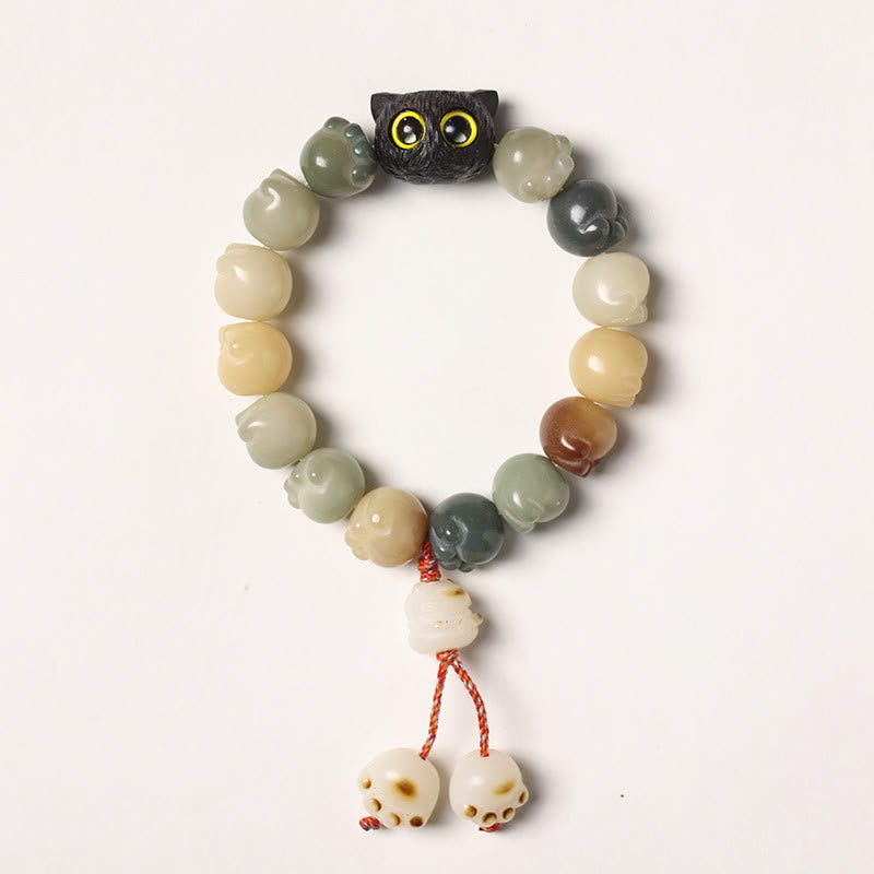 Buddha Stones Naturalne Nasiona Bodhi Ładna Łapa Drewno Hebanowe Szczęście Kot Mądrość Bransoletka - Wielokolorowe nasiona Bodhi - Wersja z frędzlami (obwód nadgarstka 14-15 cm) - image 7