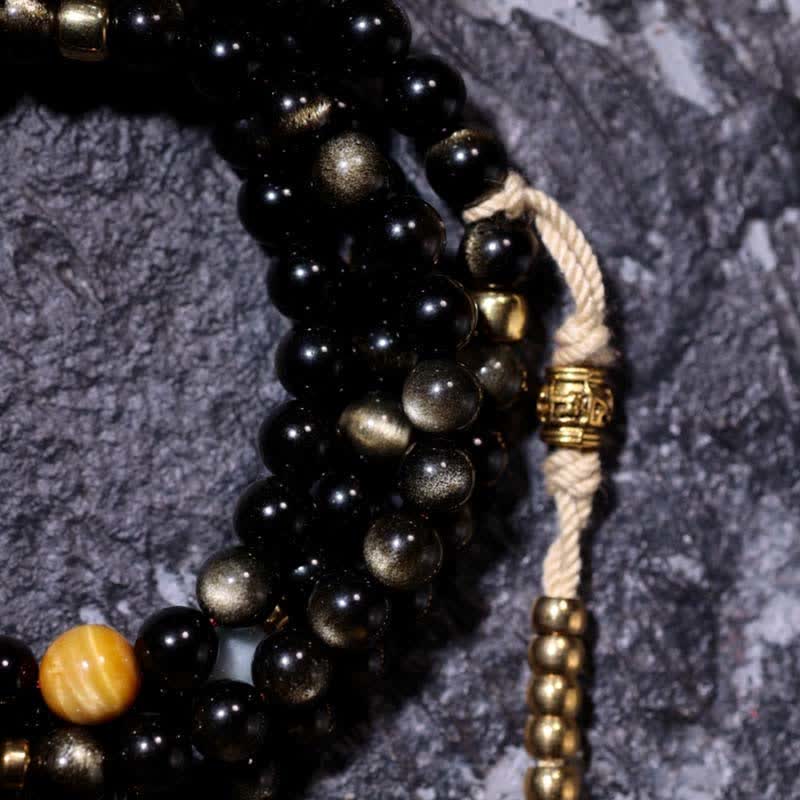 Buddha Stones 108 Mala Beads Złoty połysk Obsydian Tygrysie Oko Orle Oko Kamień Bransoletka Bogactwa