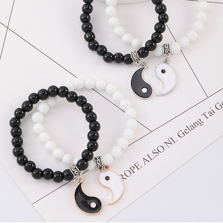 Buddha Stones 2szt. Czarny Onyks Biały Turkus Koralik Yin Yang Ochrona Para Bransoletka