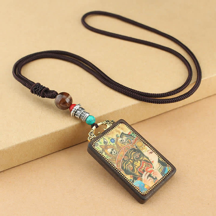 Buddha Stones Tybet Bóg Bogactwa Thangka Ebony Naszyjnik Pokój Wisiorek