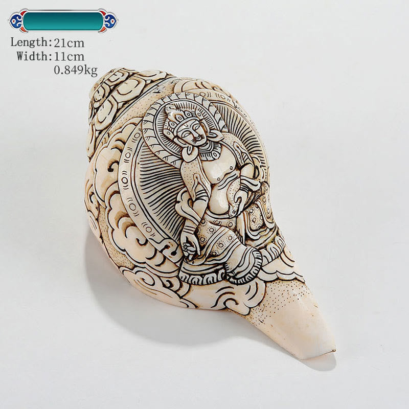Tybetańska, ręcznie grawerowana dekoracja buddy Shankha Awalokiteśwary z muszli - Żółty Bóg Bogactwa 21*11cm - image 24