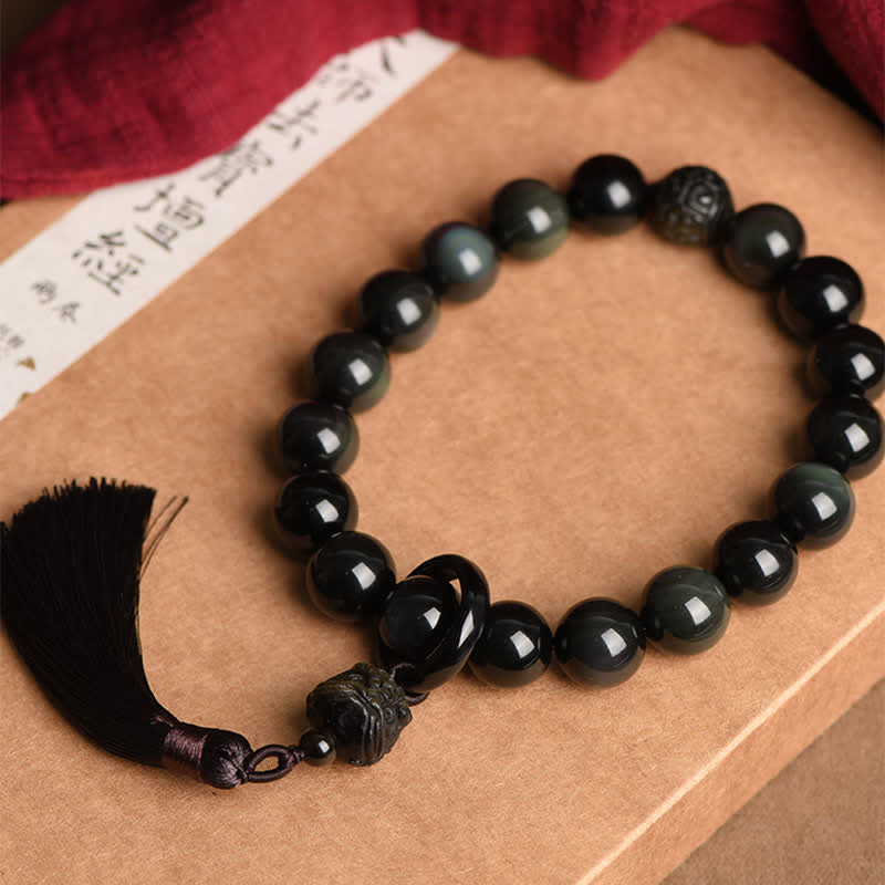 Buddha Stones Naturalny Czarny Obsydian Lew Nadgarstek Mala Ochrona Frędzle Kieszonkowa Mala Dekoracja Samochodu