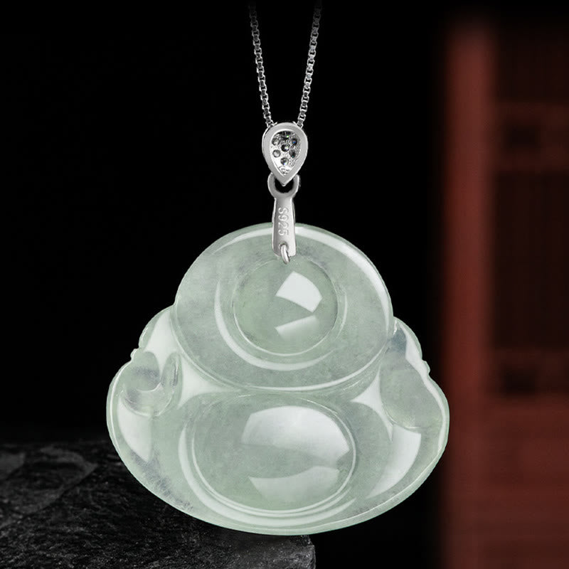 Buddha Stones 925 Srebro Sterling Naturalny Jadeit Śmiejący się Budda Dobrobyt Obfitość Naszyjnik Łańcuch Wisiorek