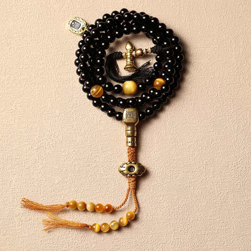 Buddha Stones Tybetańskie 108 Mala Koraliki Czarny Onyks Tygrysie Oko Dziewięć Pałaców Bransoletka Ochronna Bagua