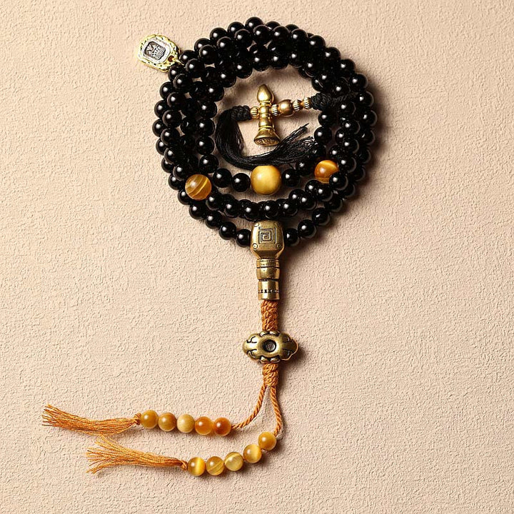 Buddha Stones Tybetańskie 108 Mala Koraliki Czarny Onyks Tygrysie Oko Dziewięć Pałaców Bransoletka Ochronna Bagua