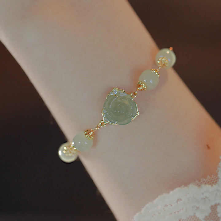 Bransoletka z łańcuszkiem szczęścia z Buddha Stones 14K pozłacana jadeitem Hetian i różą