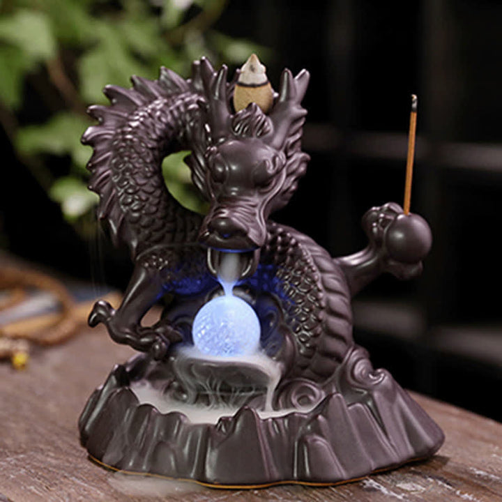 Buddha Stones Pomyślny Smok Ceramiczny Dym Fontanna Medytacja Uzdrawiający Kadzidło Palnik Dekoracja Kula Led