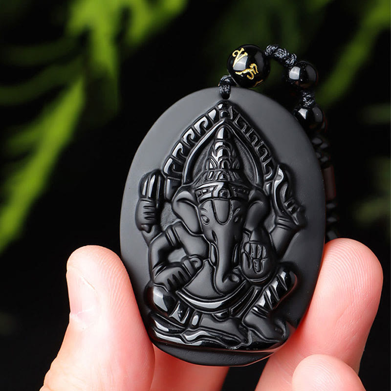 Buddha Stones Tybetański Obsydian Ganesh Ganpati Słoń Bogactwo Amulet Naszyjnik