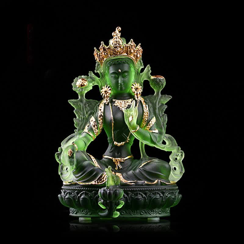 Buddha Stones Bodhisattwa Zielona Tara Ręcznie Robione Liuli Kryształowe Dzieło Sztuki Ochrona Domu Biuro Statua Dekoracja - 8*6*12,8 cm - Złota Zielona Tara - image 4