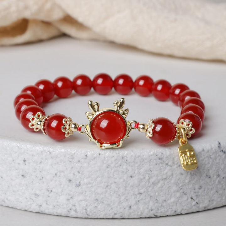 Buddha Stones Rok Smoka Czerwony Agat Jadeit Klamra Pokoju Fu Charakter Bransoletka Sukcesu