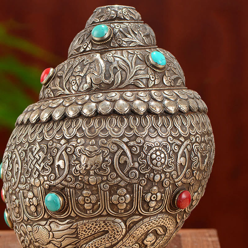 Tybetańska ręcznie robiona naturalna Shankha z ośmioma pomyślnymi symbolami, muszla Conch, szczęśliwa dekoracja domu