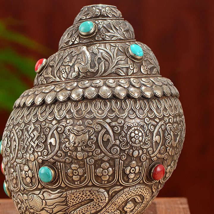 Tybetańska ręcznie robiona naturalna Shankha z ośmioma pomyślnymi symbolami, muszla Conch, szczęśliwa dekoracja domu