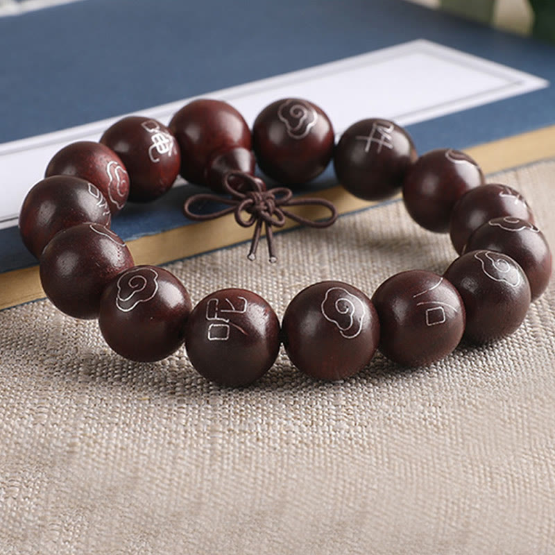 Buddha Stones 925 Srebro Inkrustowane Małymi Liśćmi Czerwonego Sandału Om Mani Padme Hum Charakter Pomyślne Chmury Bransoletka Ochronna