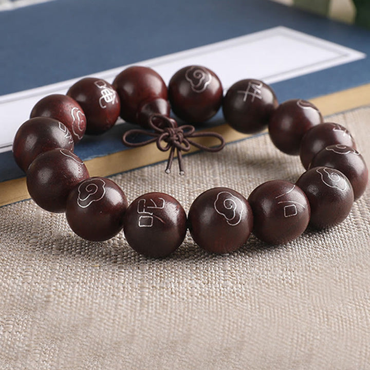 Buddha Stones 925 Srebro Inkrustowane Małymi Liśćmi Czerwonego Sandału Om Mani Padme Hum Charakter Pomyślne Chmury Bransoletka Ochronna