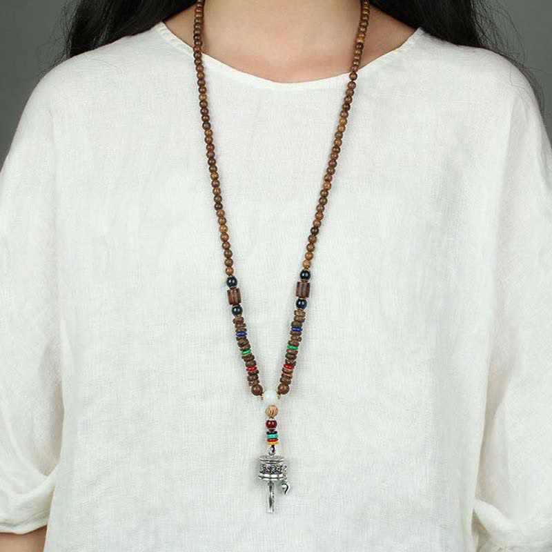 Buddha Stones Tybetańskie Om Mani Padme Hum Modlitewne Koło Obrotowe Naszyjnik Wisiorek z Drewna Vajra - image 15