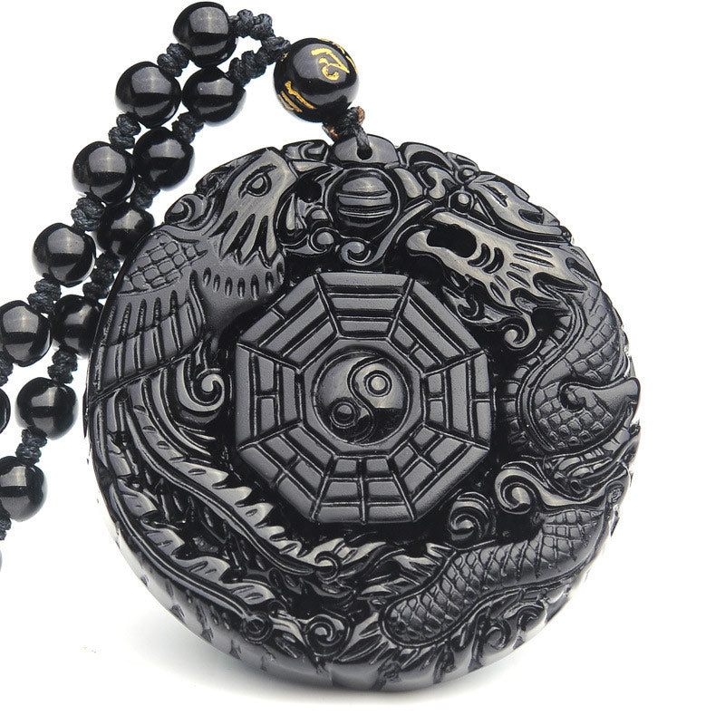 Buddha Stones Naszyjnik z wisiorkiem Bagua Dragon Phoenix Obsydian Spełnienie - Obsydian - image 1