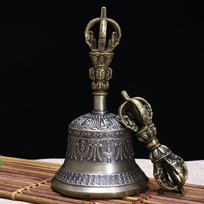 Buddha Stones Tybetański Dzwon Medytacyjny i Wadżra Dorje Miedziany Zestaw Dekoracji Oświecenia